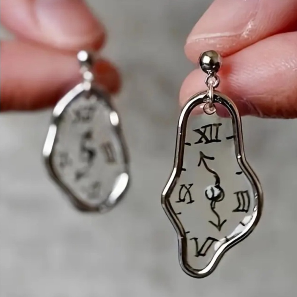 Gold Melting Clock Dangle Earrings - Picture 2 of 3